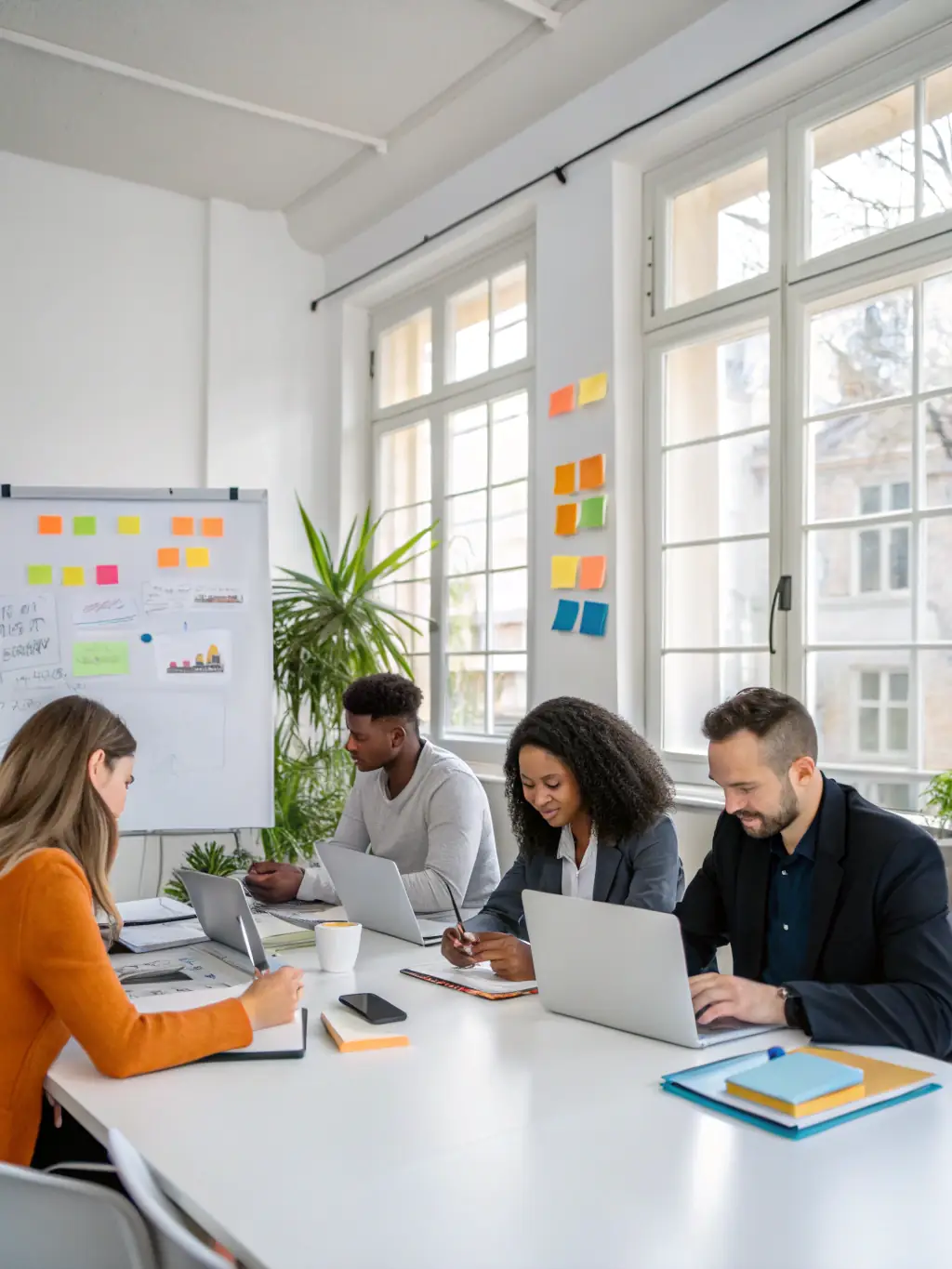 A dynamic image showcasing a diverse group of professionals brainstorming around a table, with laptops and marketing materials scattered around, representing collaborative consulting sessions.