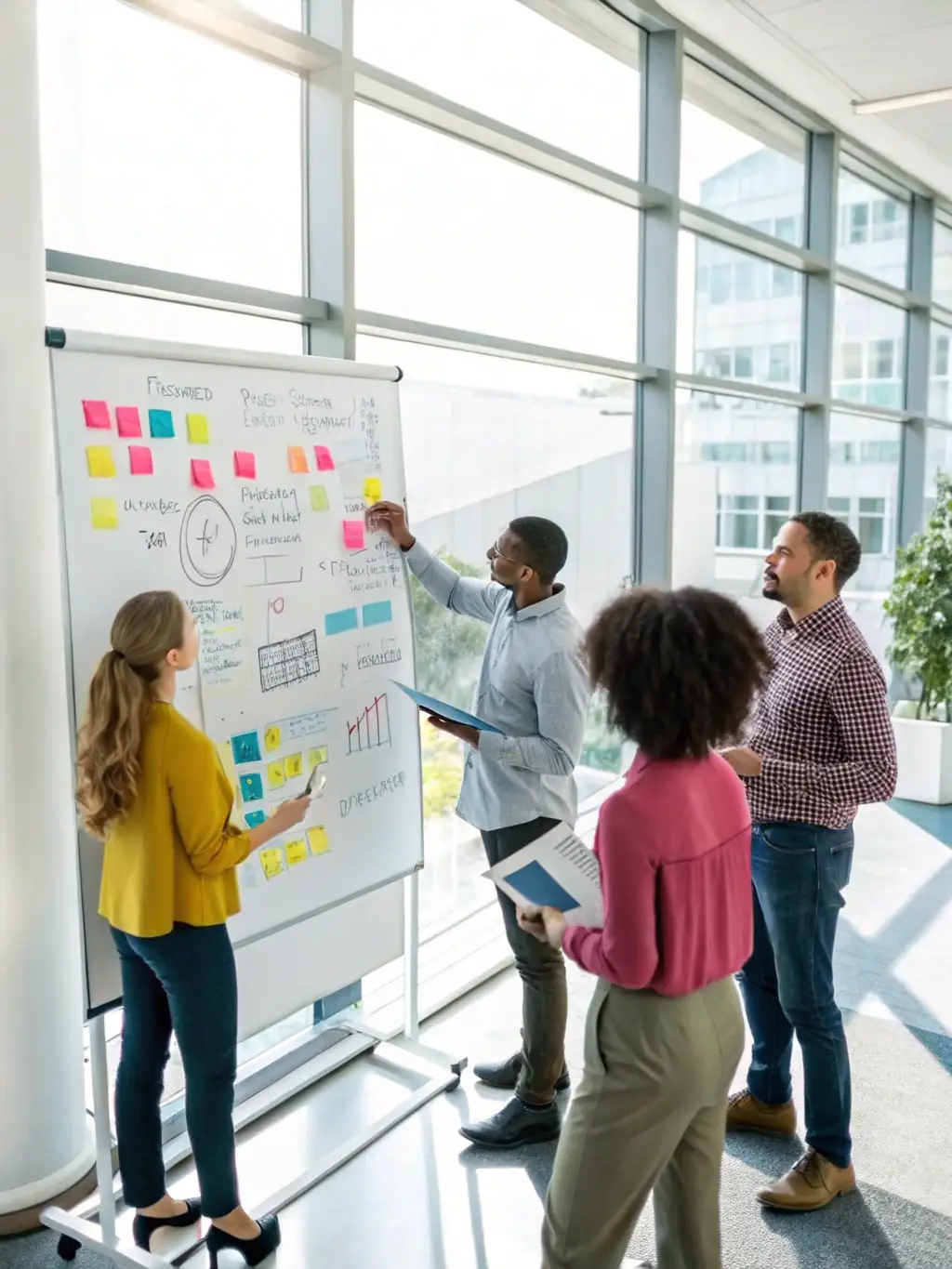 A dynamic image of a diverse team brainstorming during a marketing hackathon, showcasing collaboration and innovation in a modern office setting.