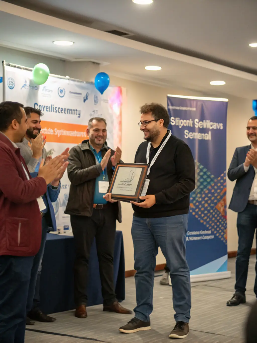 An image of a successful marketing hackathon event, showing participants celebrating their achievements, with awards and recognition for innovative ideas.