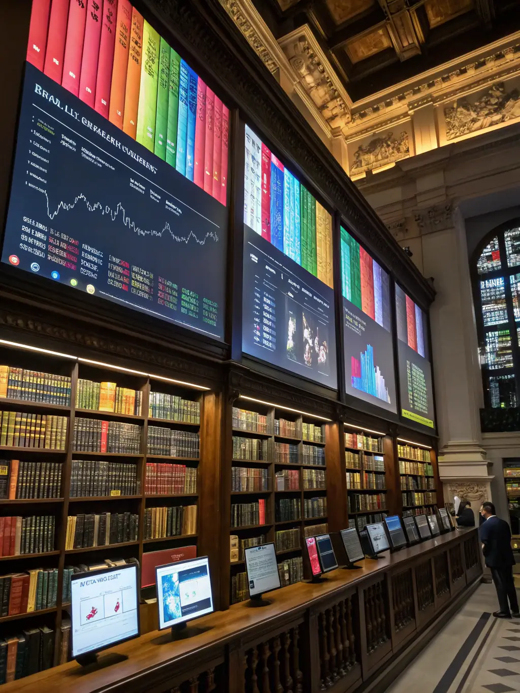 A digital illustration of a library filled with books, reports, and online resources, symbolizing the wealth of knowledge available to support marketing hackathons.