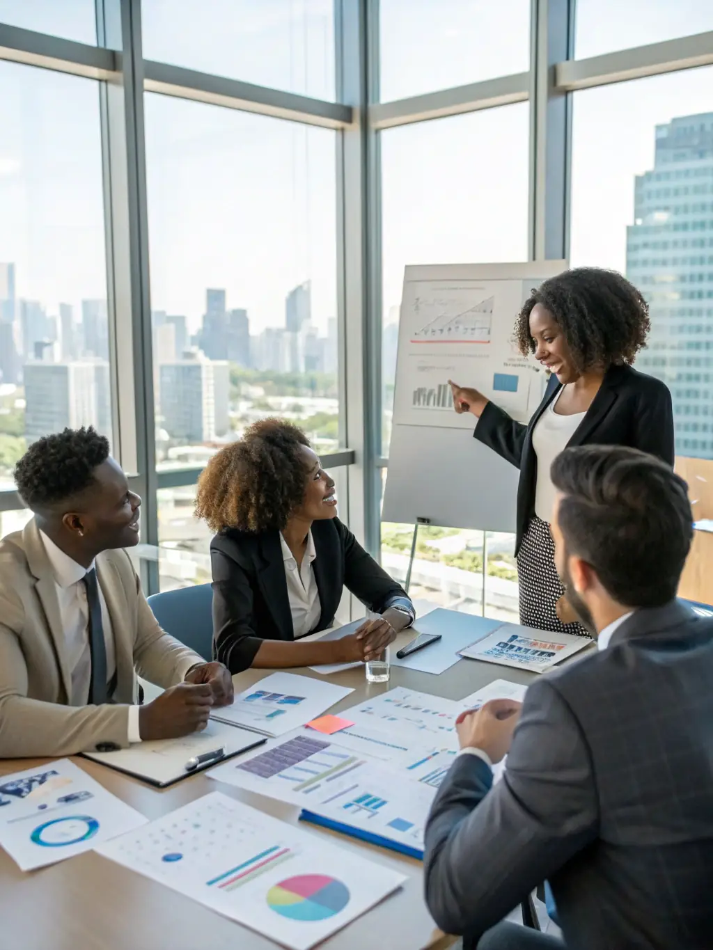 A diverse group of professionals collaborating intensely during a marketing hackathon, brainstorming ideas and developing innovative strategies for financial growth, set in a modern, brightly lit conference room.